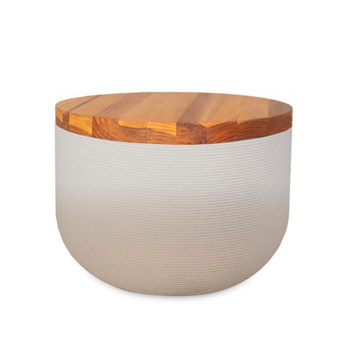 Bolina Side Table/Stool - Desert Dawn OMB2-Teak - round side table with fine horizontal ribbed concrete base and smooth wood top, modern sculptural design