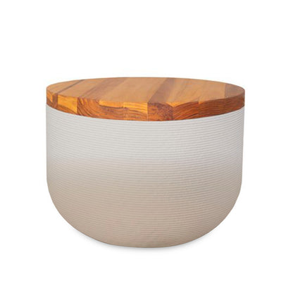 Bolina Side Table/Stool - Desert Dawn OMB2-Teak - round side table with fine horizontal ribbed concrete base and smooth wood top, modern sculptural design