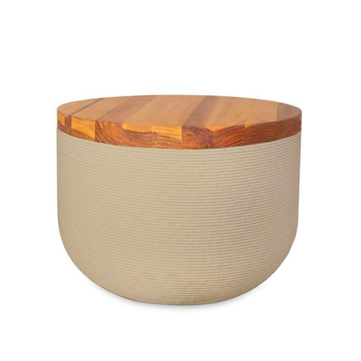 Bolina Side Table/Stool - Desert Dawn-Teak - round side table with fine horizontal ribbed concrete base and smooth wood top, modern sculptural design
