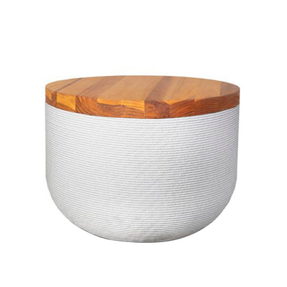 Bolina Side Table/Stool - Glacial Mist-Teak - round side table with fine horizontal ribbed concrete base and smooth wood top, modern sculptural design