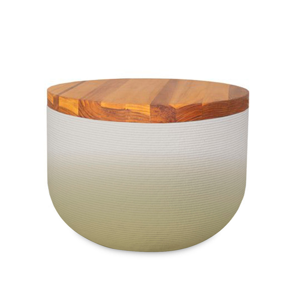 Bolina Side Table/Stool - Golden Olive OMB2-Teak - round side table with fine horizontal ribbed concrete base and smooth wood top, modern sculptural design