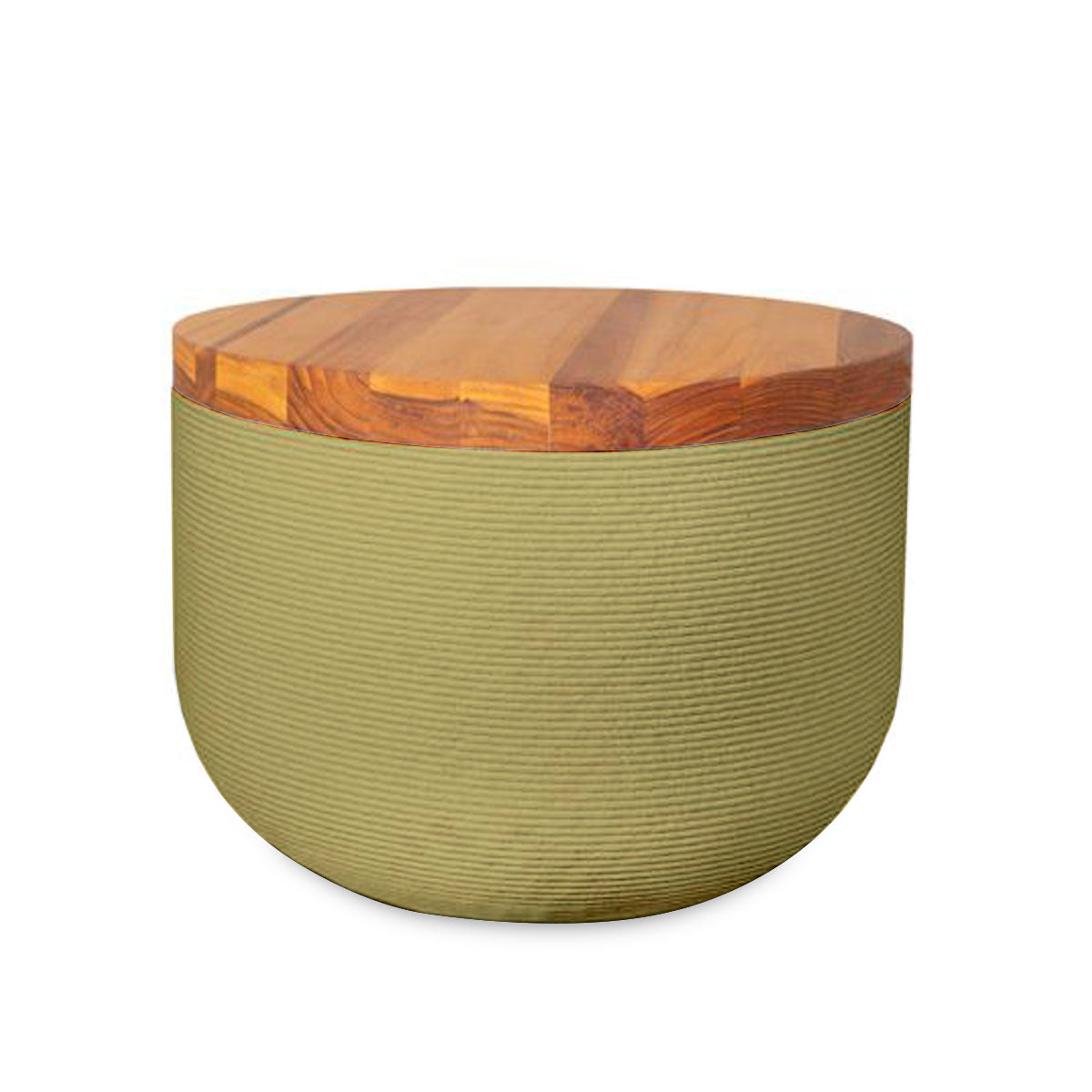 Bolina Side Table/Stool - Golden Olive-Teak - round side table with fine horizontal ribbed concrete base and smooth wood top, modern sculptural design