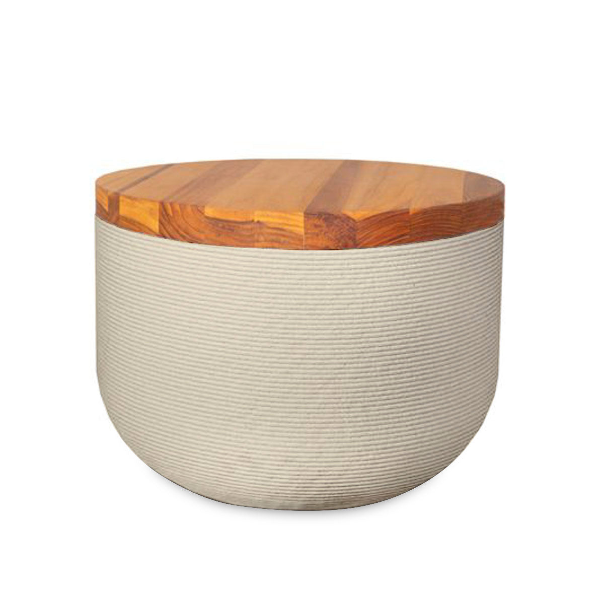 Bolina Side Table/Stool - Limestone Veil-Teak - round side table with fine horizontal ribbed concrete base and smooth wood top, modern sculptural design