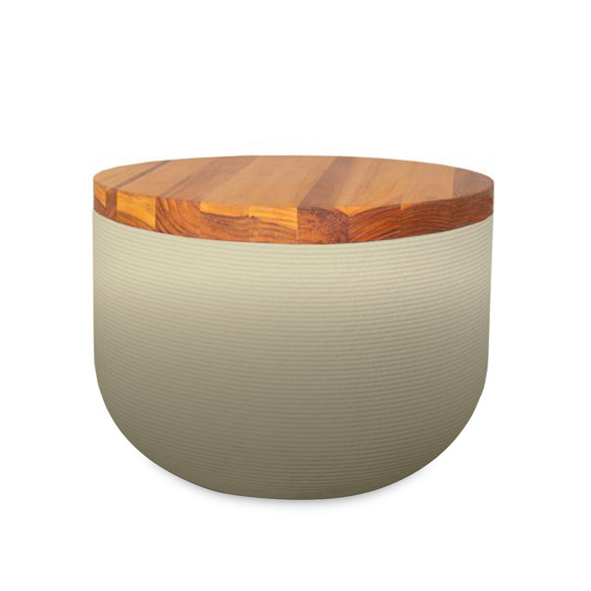 Bolina Side Table/Stool - Mossy Glen OMB1-Teak - round side table with fine horizontal ribbed concrete base and smooth wood top, modern sculptural design