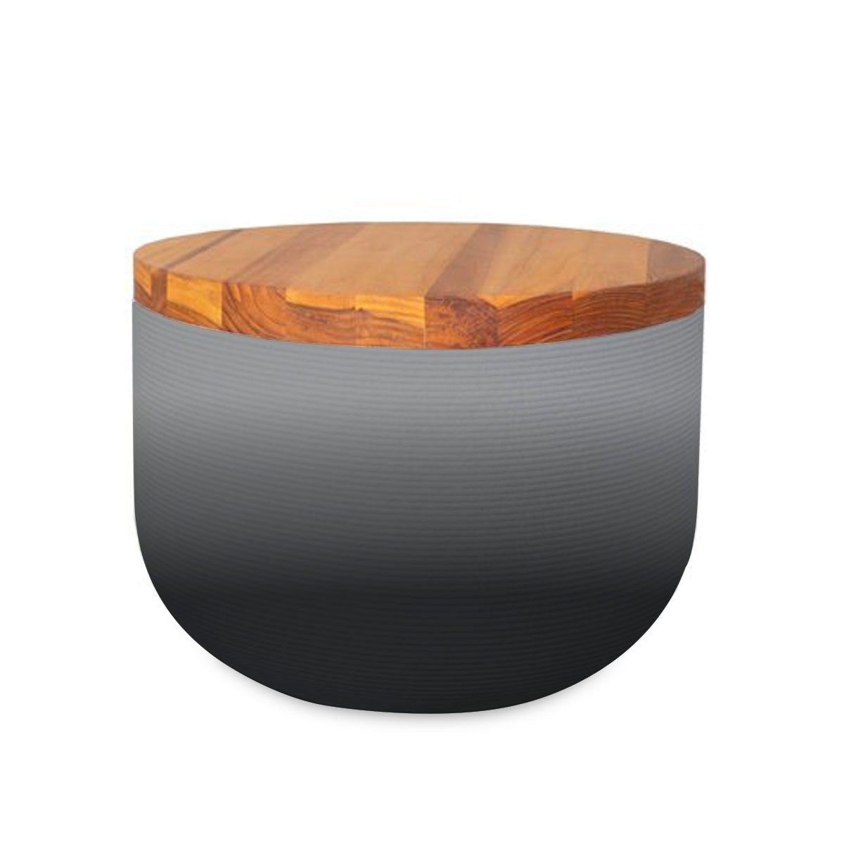Bolina Side Table/Stool - Riverbed Earth OMB2-Teak - round side table with fine horizontal ribbed concrete base and smooth wood top, modern sculptural design