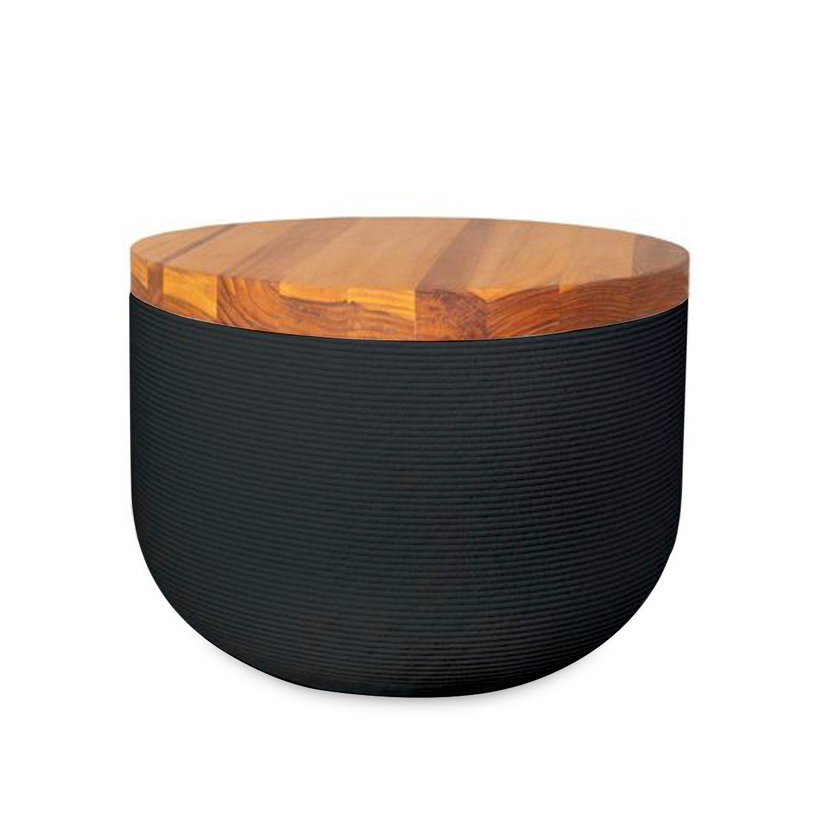 Bolina Side Table/Stool - Obsidian Night - round side table with fine horizontal ribbed concrete base and smooth wood top, modern sculptural design