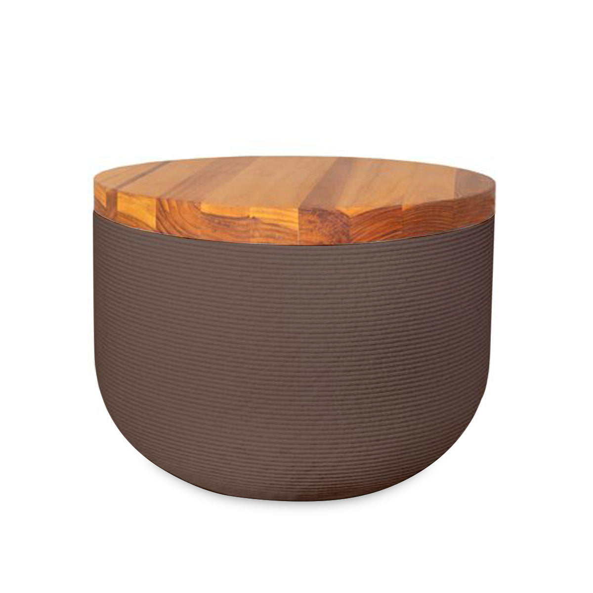 Bolina Side Table/Stool - Riverbed Earth-Teak - round side table with fine horizontal ribbed concrete base and smooth wood top, modern sculptural design