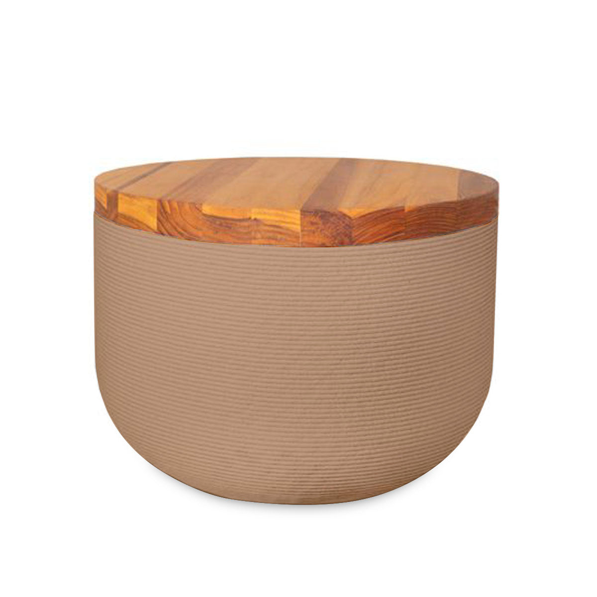 Bolina Side Table/Stool - Sandy Bluff-Teak - round side table with fine horizontal ribbed concrete base and smooth wood top, modern sculptural design