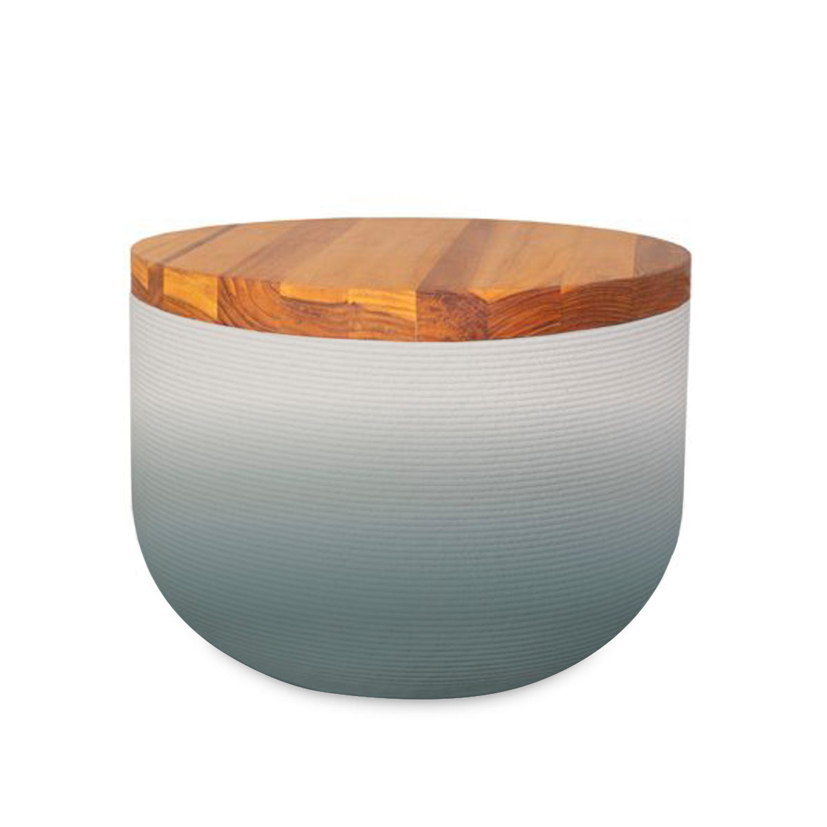 Bolina Side Table/Stool - Seafoam Slate OMB2-Teak - round side table with fine horizontal ribbed concrete base and smooth wood top, modern sculptural design