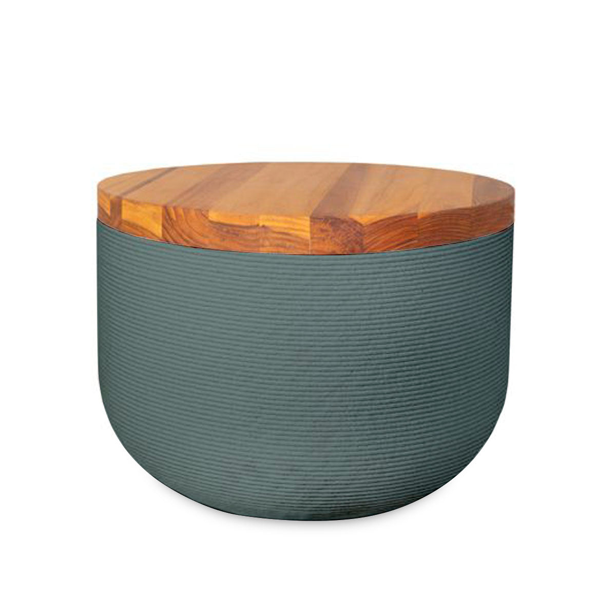 Bolina Side Table/Stool - Seafoam Slate-Teak - round side table with fine horizontal ribbed concrete base and smooth wood top, modern sculptural design