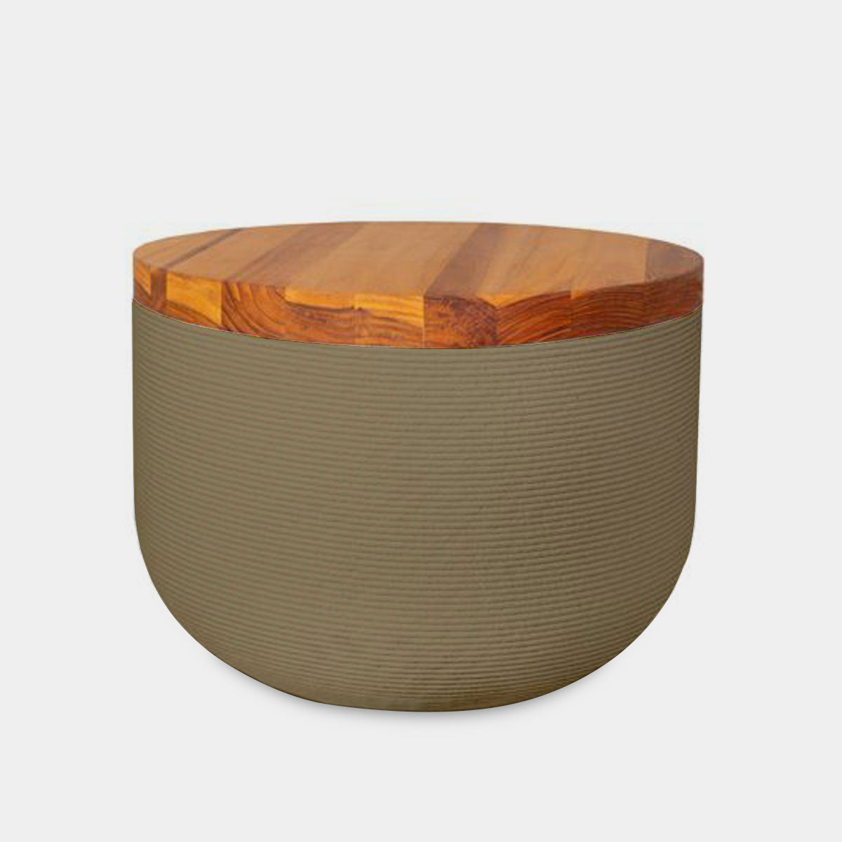 Bolina Side Table/Stool - Savanna Clay-Teak - round side table with fine horizontal ribbed concrete base and smooth wood top, modern sculptural design