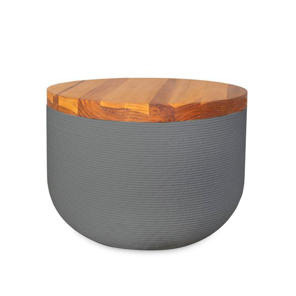 Bolina Side Table/Stool - Silver Mist-Teak - round side table with fine horizontal ribbed concrete base and smooth wood top, modern sculptural design