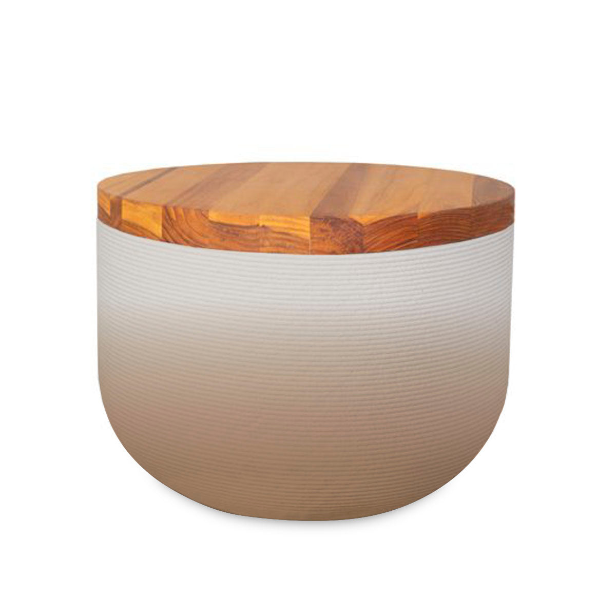 Bolina Side Table/Stool - Toasted Almond OMB2-Teak - round side table with fine horizontal ribbed concrete base and smooth wood top, modern sculptural design