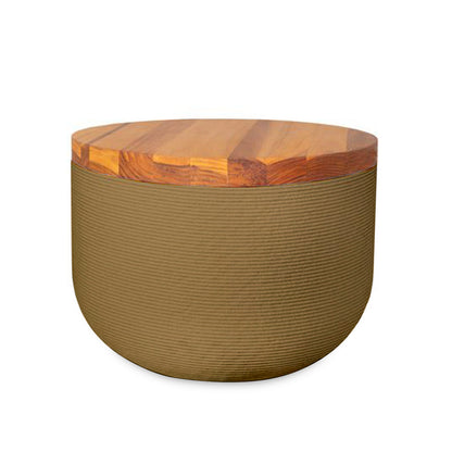 Bolina Side Table/Stool - Toasted Almond-Teak - round side table with fine horizontal ribbed concrete base and smooth wood top, modern sculptural design