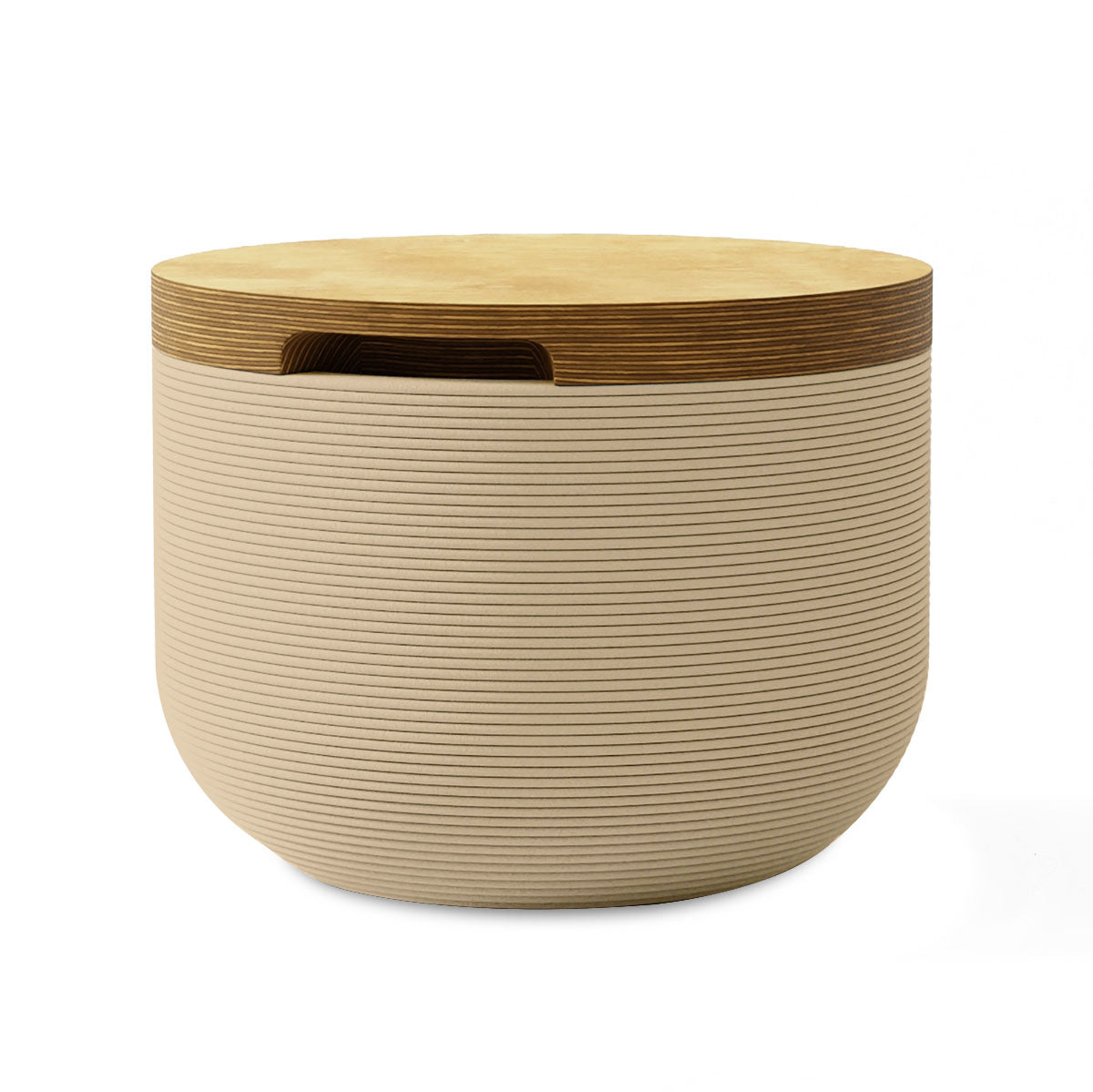 Bolina Side Table/Stool - Desert Dawn-Europly - round side table with fine horizontal ribbed concrete base and smooth wood top, modern sculptural design