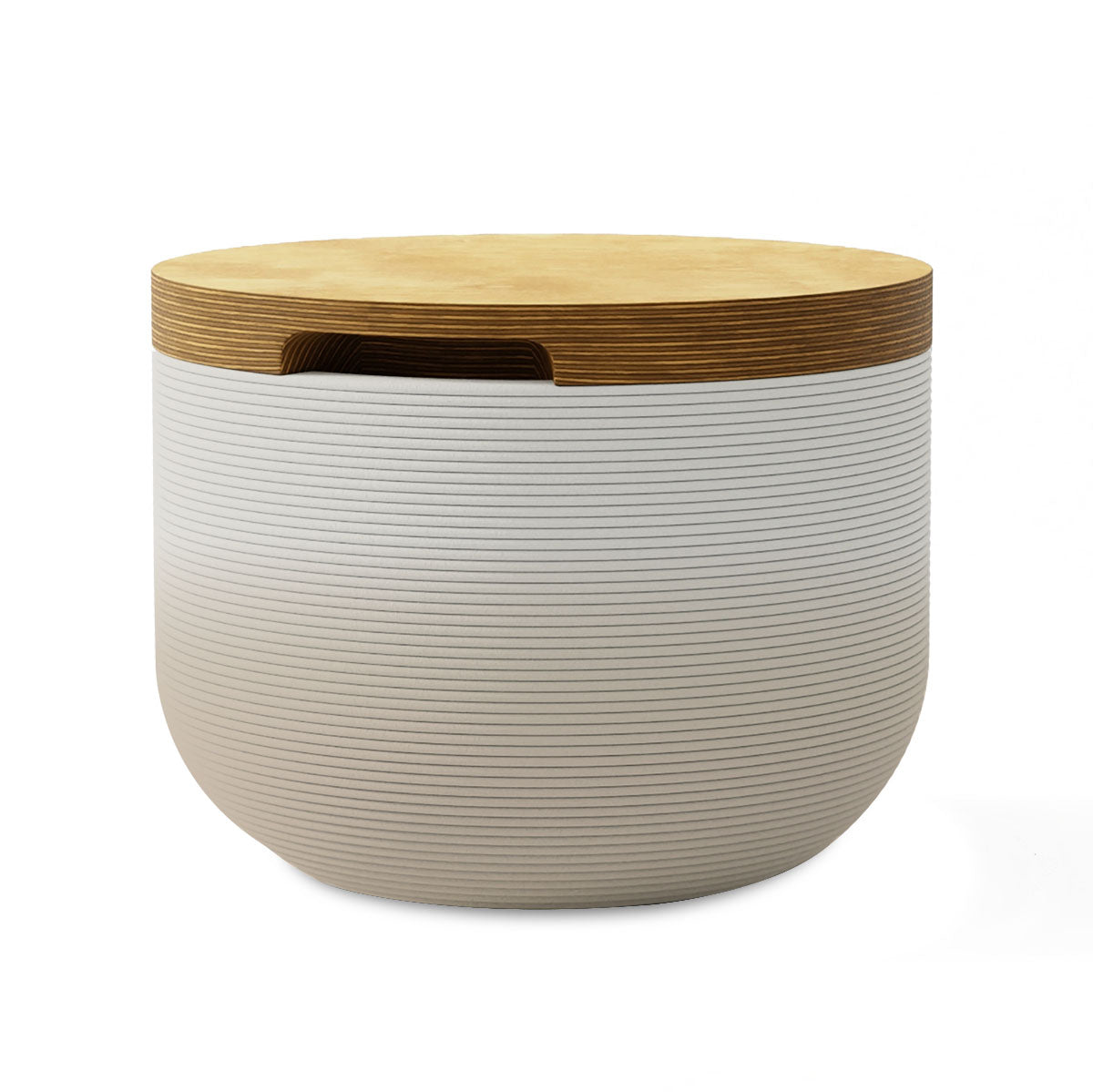 Bolina Side Table/Stool - Desert Dawn OMB2-Europly - round side table with fine horizontal ribbed concrete base and smooth wood top, modern sculptural design