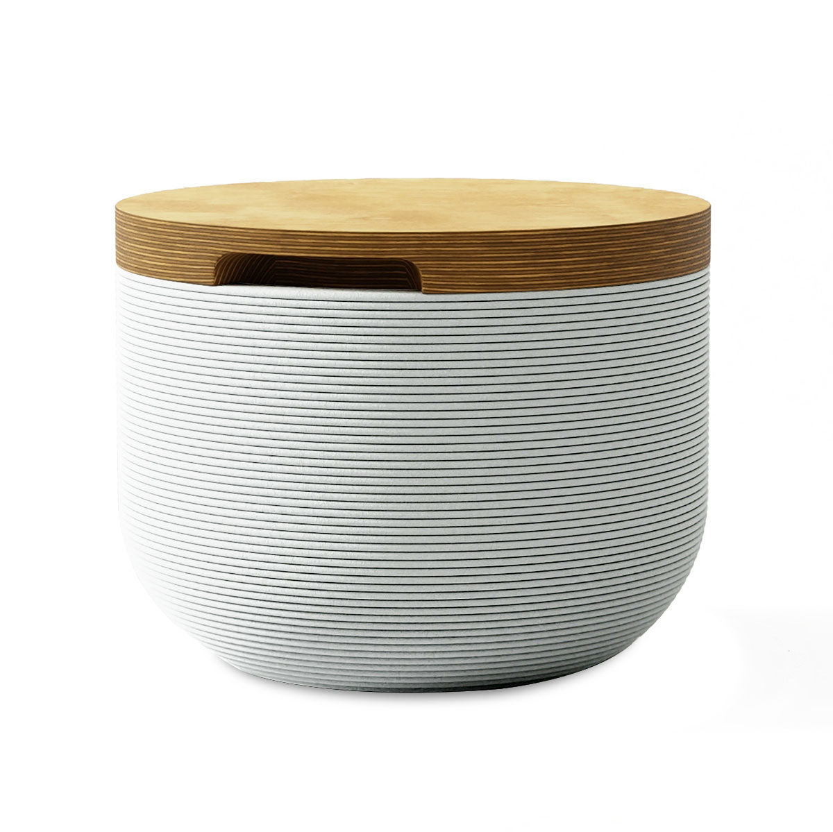 Bolina Side Table/Stool - Glacial Mist-Europly - round side table with fine horizontal ribbed concrete base and smooth wood top, modern sculptural design