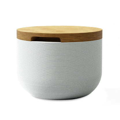 Bolina Side Table/Stool - Glacial Mist-Europly - round side table with fine horizontal ribbed concrete base and smooth wood top, modern sculptural design