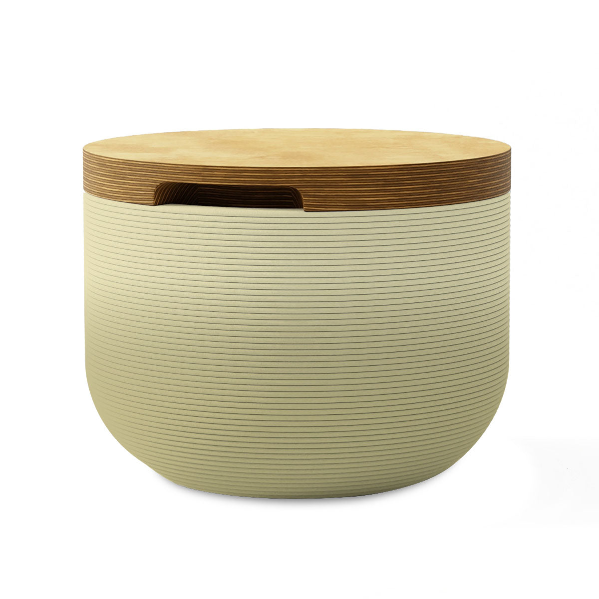 Bolina Side Table/Stool - Golden Olive OMB1-Europly - round side table with fine horizontal ribbed concrete base and smooth wood top, modern sculptural design