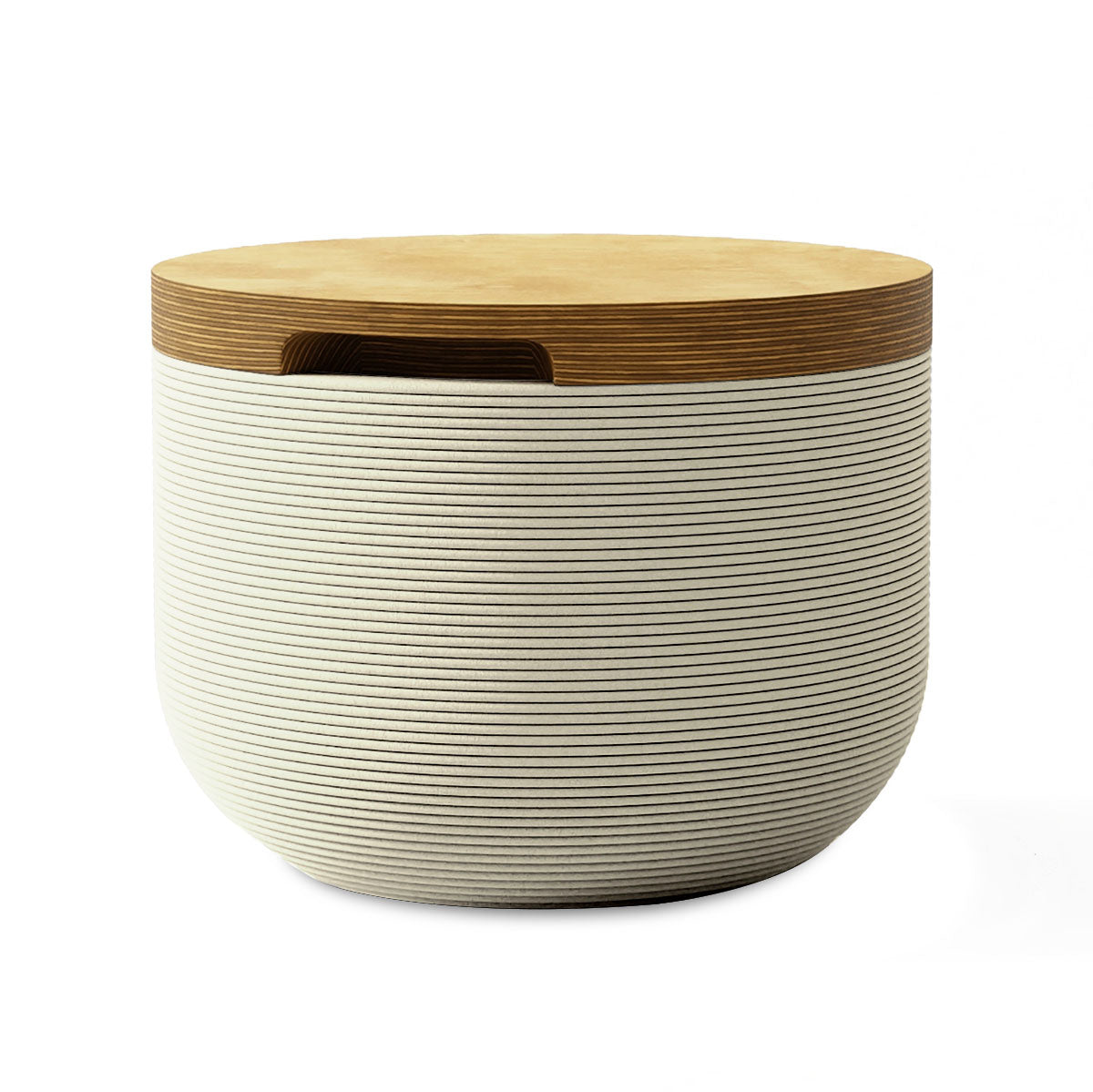 Bolina Side Table/Stool - Limestone Veil-Europly - round side table with fine horizontal ribbed concrete base and smooth wood top, modern sculptural design