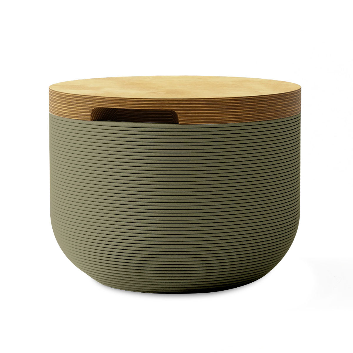 Bolina Side Table/Stool - Mossy Glen-Europly - round side table with fine horizontal ribbed concrete base and smooth wood top, modern sculptural design