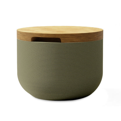 Bolina Side Table/Stool - Mossy Glen-Europly - round side table with fine horizontal ribbed concrete base and smooth wood top, modern sculptural design