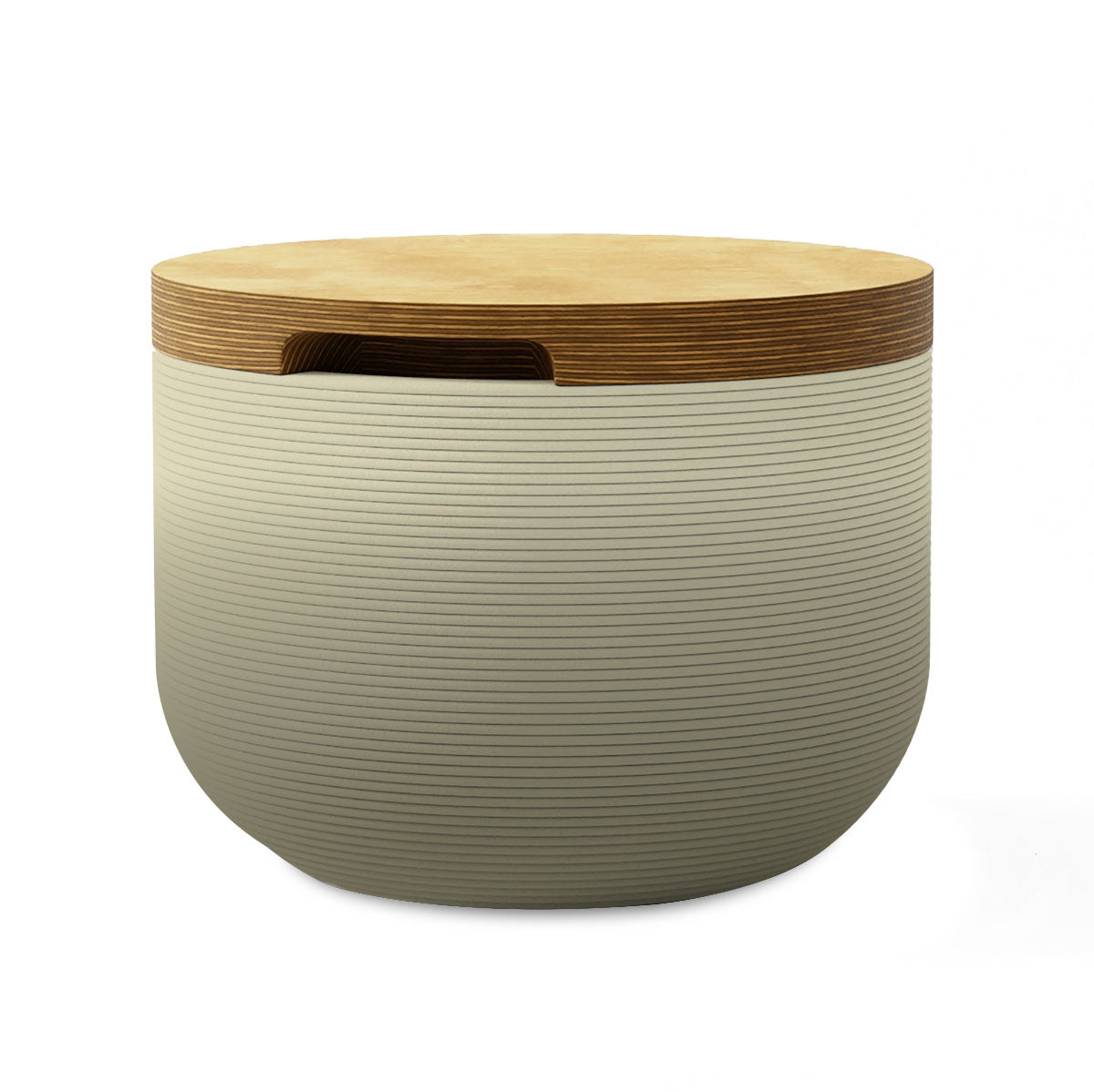 Bolina Side Table/Stool - Mossy Glen OMB1-Europly - round side table with fine horizontal ribbed concrete base and smooth wood top, modern sculptural design