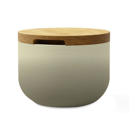 Bolina Side Table/Stool - Mossy Glen OMB1-Europly - round side table with fine horizontal ribbed concrete base and smooth wood top, modern sculptural design