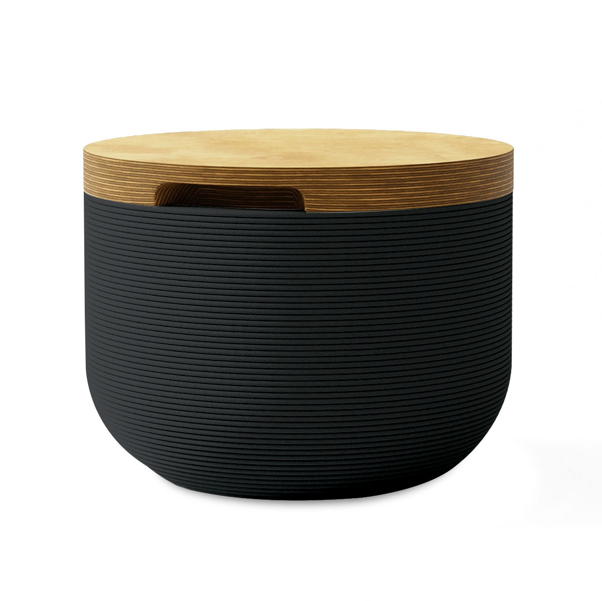 Bolina Side Table/Stool - Obsidian Night-Europly - round side table with fine horizontal ribbed concrete base and smooth wood top, modern sculptural design