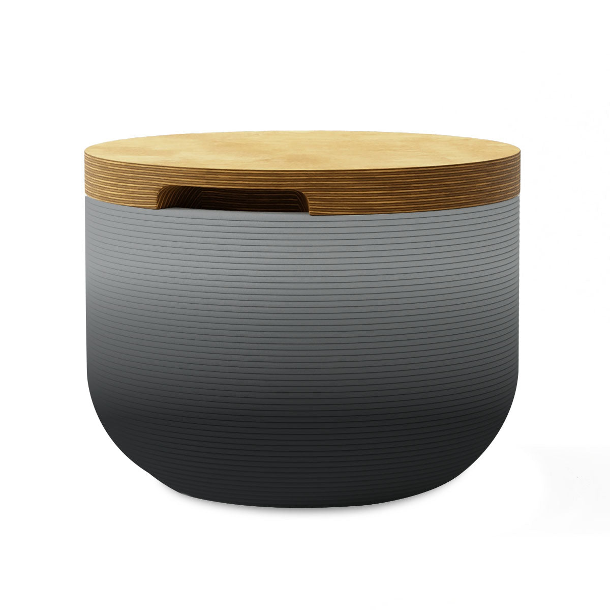 Bolina Side Table/Stool - Obsidian Night OMB1-Europly - round side table with fine horizontal ribbed concrete base and smooth wood top, modern sculptural design