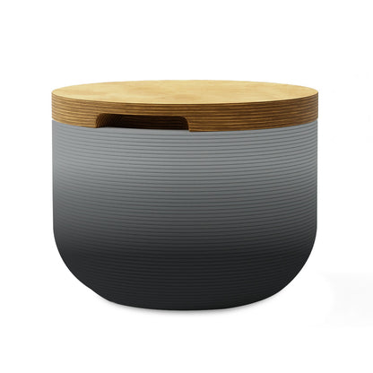 Bolina Side Table/Stool - Obsidian Night OMB1-Europly - round side table with fine horizontal ribbed concrete base and smooth wood top, modern sculptural design