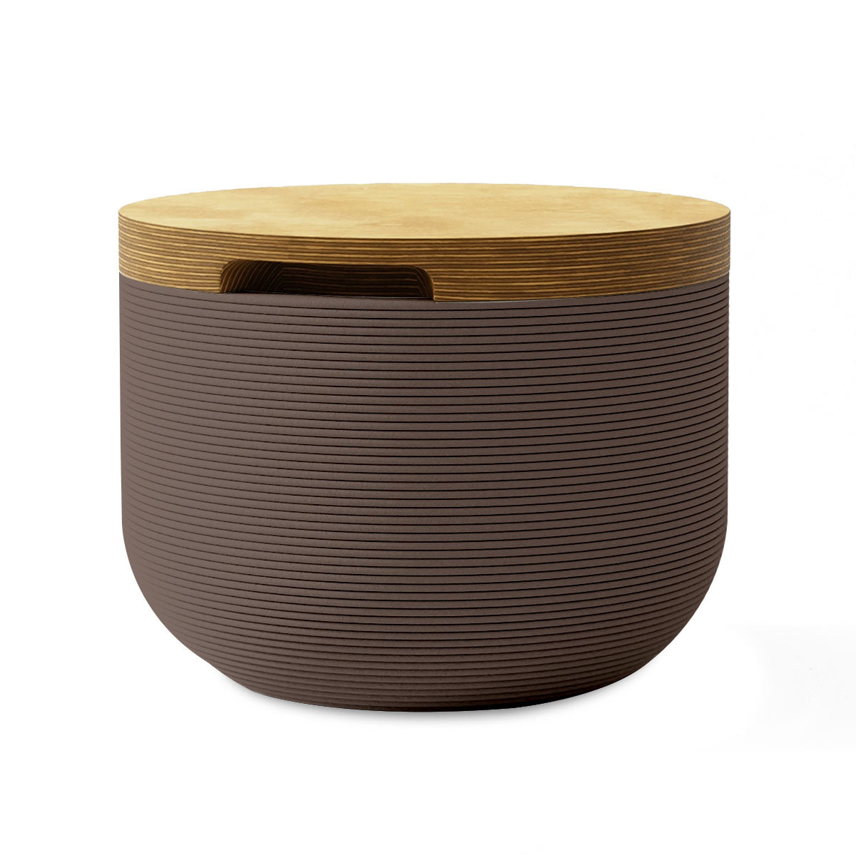 Bolina Side Table/Stool - Riverbed Earth-Europly - round side table with fine horizontal ribbed concrete base and smooth wood top, modern sculptural design