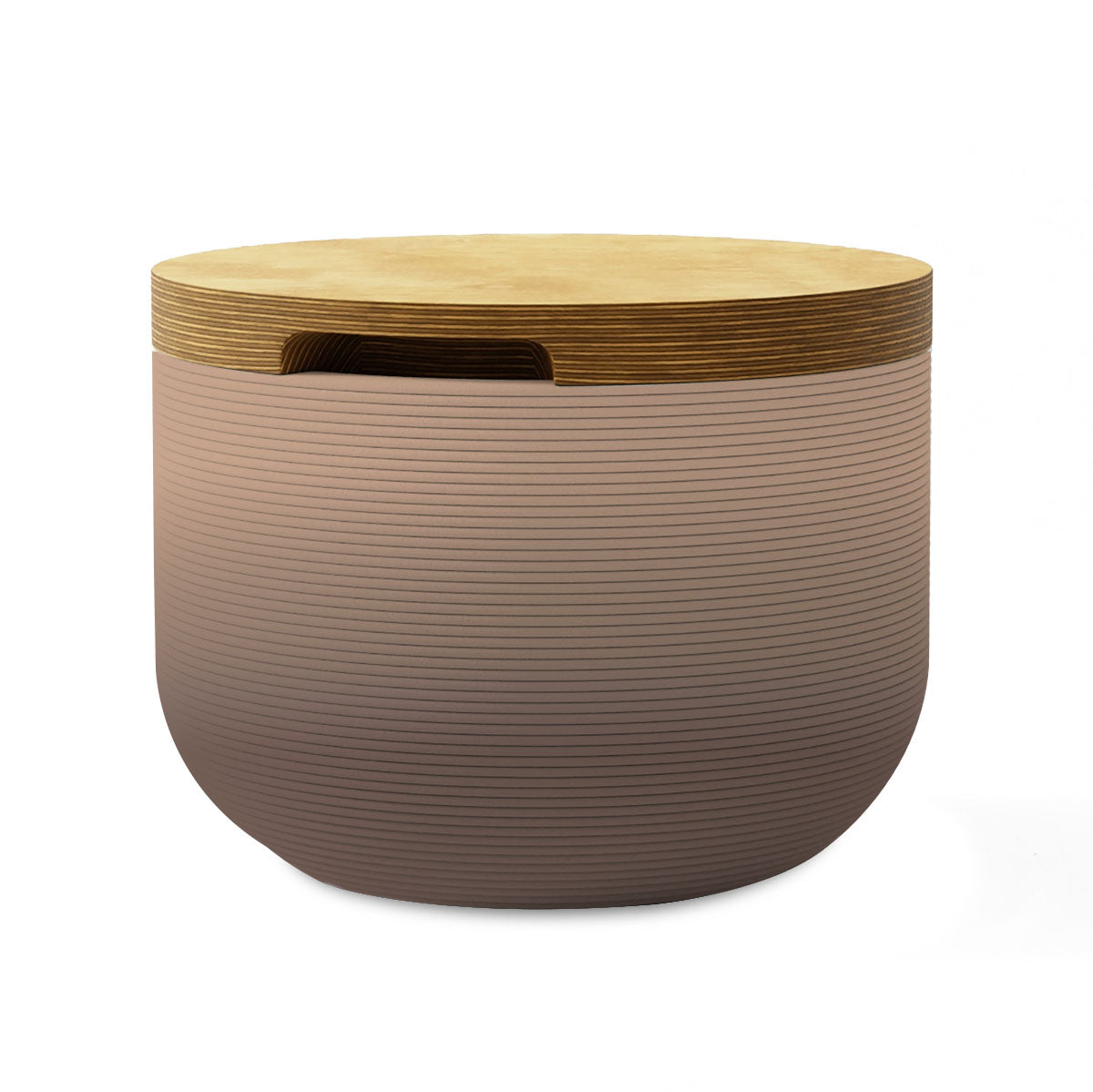 Bolina Side Table/Stool - Riverbed Earth OMB1-Europly - round side table with fine horizontal ribbed concrete base and smooth wood top, modern sculptural design