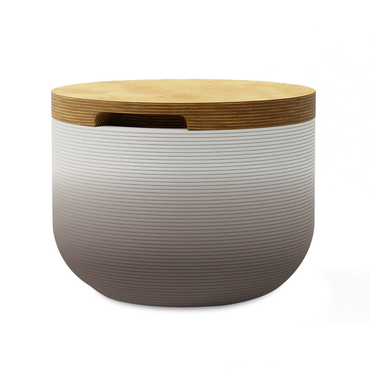 Bolina Side Table/Stool - Riverbed Earth OMB2-Europly - round side table with fine horizontal ribbed concrete base and smooth wood top, modern sculptural design
