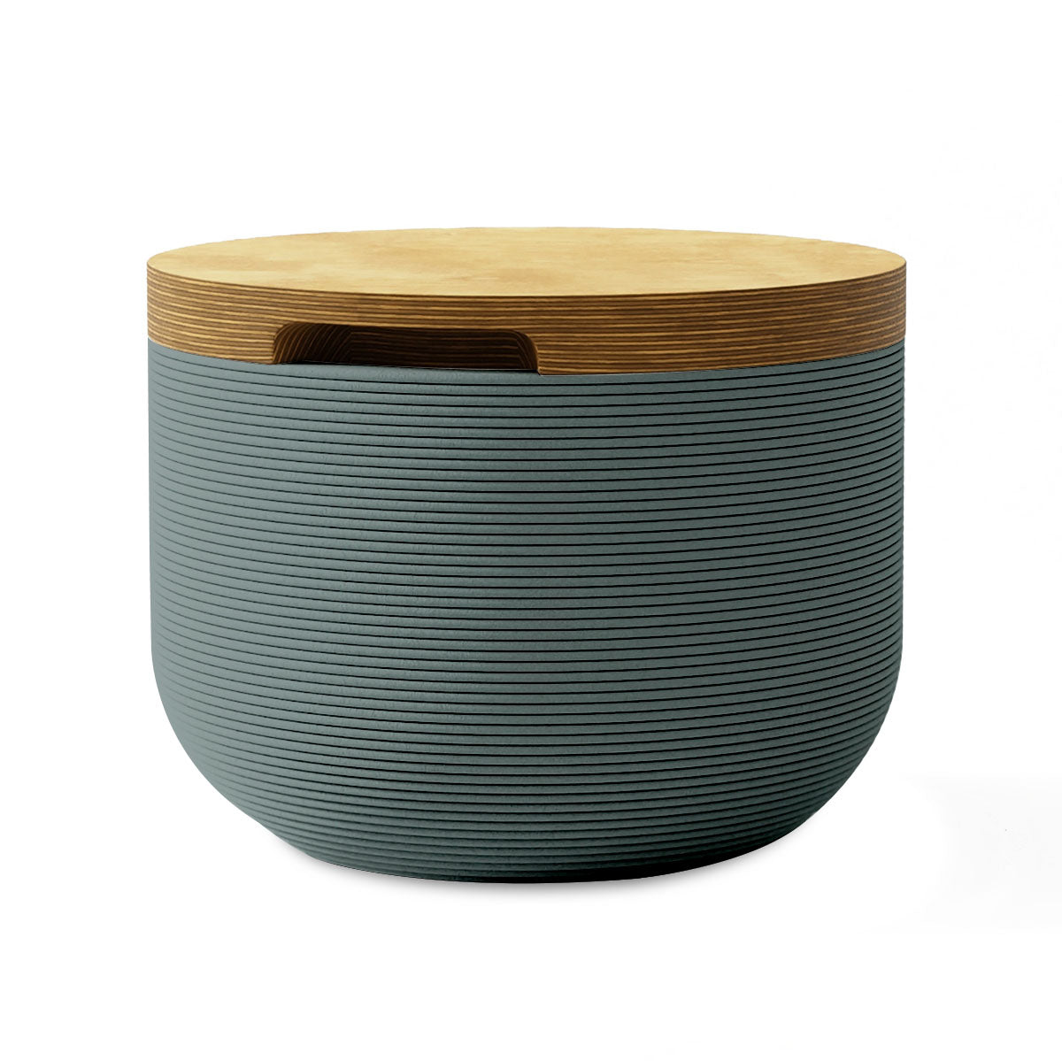 Bolina Side Table/Stool - Seafoam Slate-Europly - round side table with fine horizontal ribbed concrete base and smooth wood top, modern sculptural design