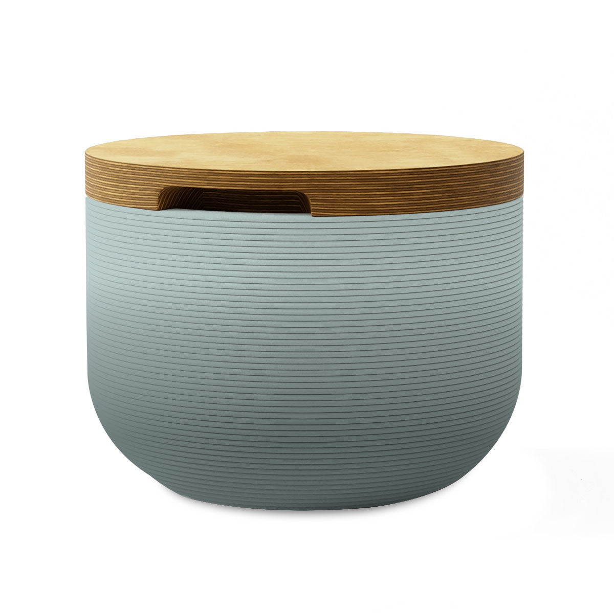 Bolina Side Table/Stool - Seafoam Slate OMB1-Europly - round side table with fine horizontal ribbed concrete base and smooth wood top, modern sculptural design