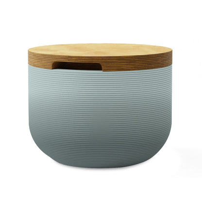 Bolina Side Table/Stool - Seafoam Slate OMB1-Europly - round side table with fine horizontal ribbed concrete base and smooth wood top, modern sculptural design