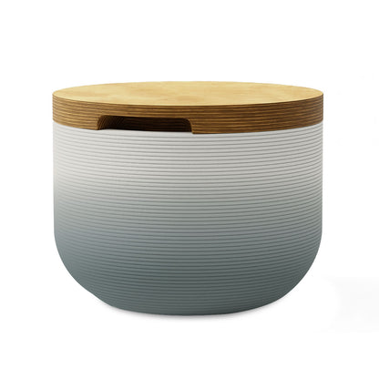 Bolina Side Table/Stool - Seafoam Slate OMB2-Europly - round side table with fine horizontal ribbed concrete base and smooth wood top, modern sculptural design