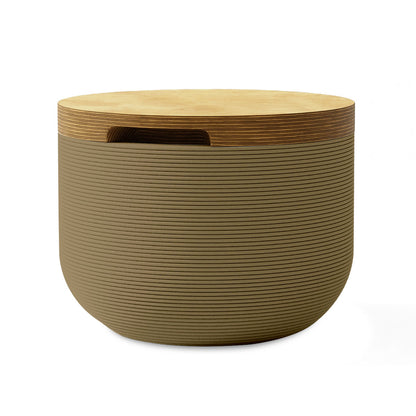 Bolina Side Table/Stool - Savanna Clay-Europly - round side table with fine horizontal ribbed concrete base and smooth wood top, modern sculptural design