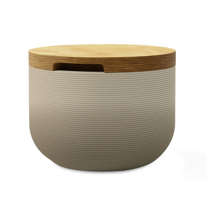 Bolina Side Table/Stool - Savanna Clay OMB1-Europly - round side table with fine horizontal ribbed concrete base and smooth wood top, modern sculptural design