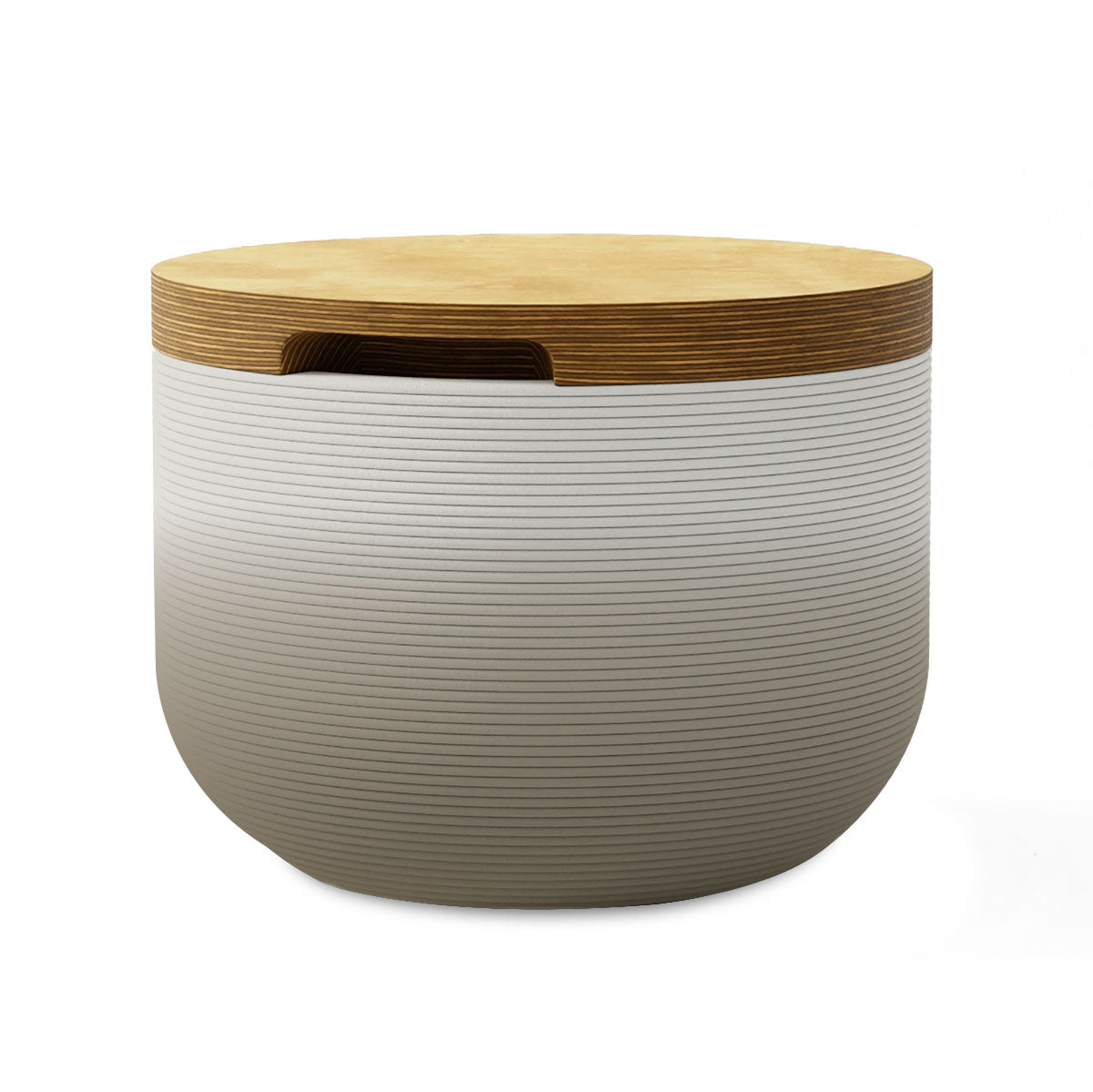 Bolina Side Table/Stool - Savanna Clay OMB2-Europly - round side table with fine horizontal ribbed concrete base and smooth wood top, modern sculptural design