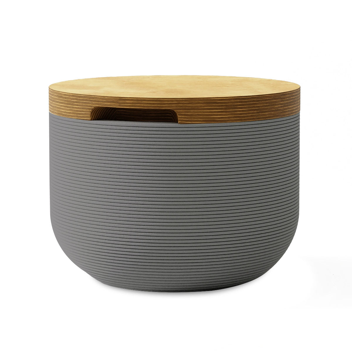 Bolina Side Table/Stool - Silver Mist-Europly - round side table with fine horizontal ribbed concrete base and smooth wood top, modern sculptural design