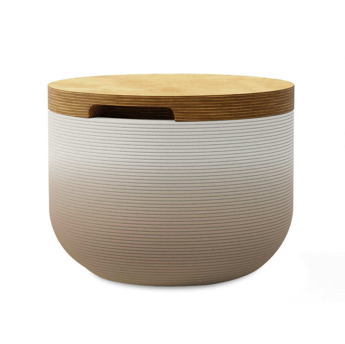 Bolina Side Table/Stool - Obsidian Night OMB1-Europly - round side table with fine horizontal ribbed concrete base and smooth wood top, modern sculptural design