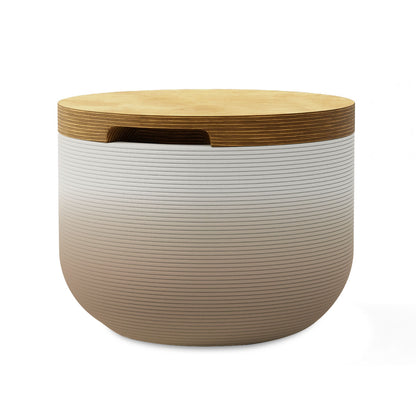 Bolina Side Table/Stool - Obsidian Night OMB1-Europly - round side table with fine horizontal ribbed concrete base and smooth wood top, modern sculptural design