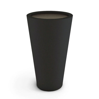 Coronado Large GFRC planters with minimalist tapered profiles, available in two sizes and twelve finishes, suitable for indoor or outdoor environments, shown here in the Obsidian Night finish.