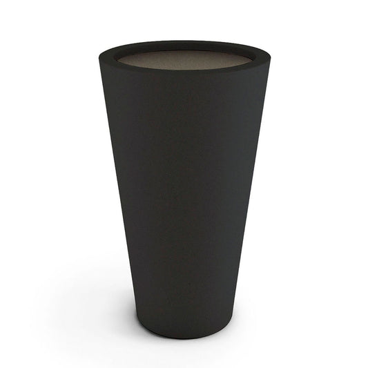 Coronado Large GFRC planters with minimalist tapered profiles, available in two sizes and twelve finishes, suitable for indoor or outdoor environments, shown here in the Obsidian Night finish.