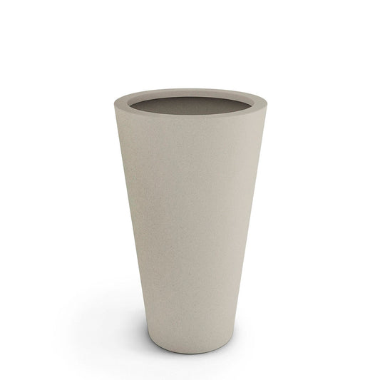 Coronado Medium GFRC planters with minimalist tapered profiles, available in two sizes and twelve finishes, suitable for indoor or outdoor environments, shown here in the Limestone Veil finish.