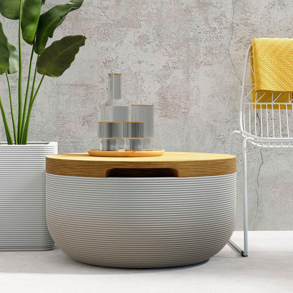 Faria Side Table/Stool - Golden Olive OMB2-Europly - round side table with fine horizontal ribbed concrete base and smooth wood top, modern sculptural design