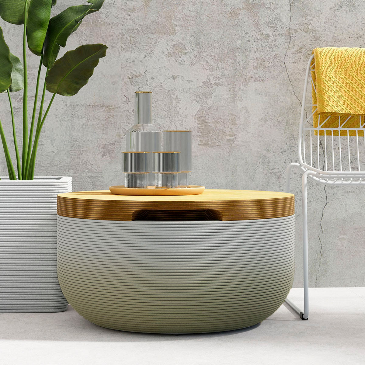 Faria Side Table/Stool - Mossy Glen-Europly - round side table with fine horizontal ribbed concrete base and smooth wood top, modern sculptural design