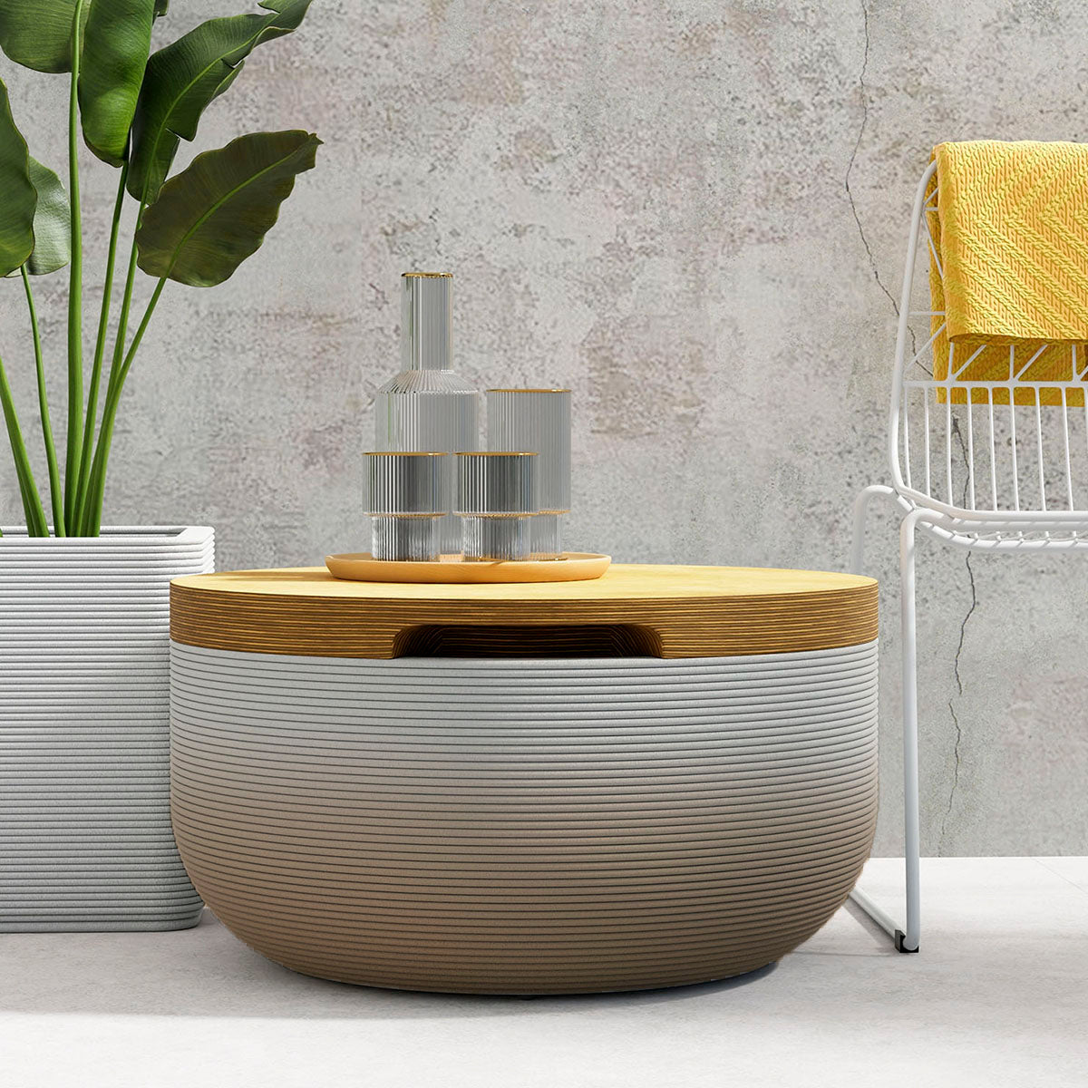 Faria Side Table/Stool - Toasted Almond OMB2 - round side table with fine horizontal ribbed concrete base and smooth wood top, modern sculptural design